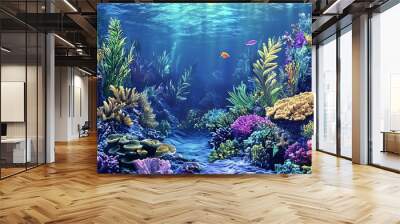 Colorful coral reef underwater with tropical fish swimming past. Wall mural