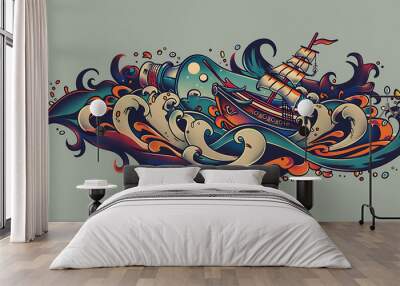 Colorful illustration of a ship inside a bottle, with stylized waves and swirls around it. Wall mural