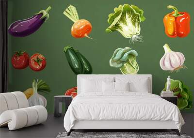 Colorful illustration of vegetables on a green background. Wall mural