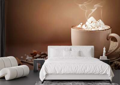 Cup of hot chocolate with whipped cream and chocolate shavings on a brown background. Wall mural