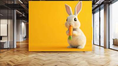 Cute white bunny rabbit eating a carrot on a yellow background. Wall mural