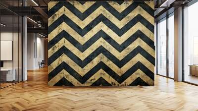 Distressed chevron pattern in black and gold. Wall mural