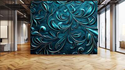 Elegant teal blue 3d floral design with metallic sheen. Wall mural