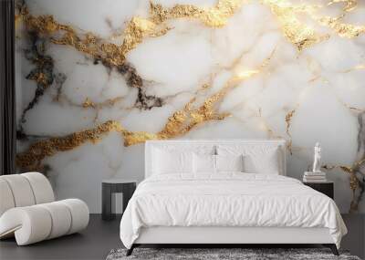 Elegant white marble with gold veins and glitter. Wall mural