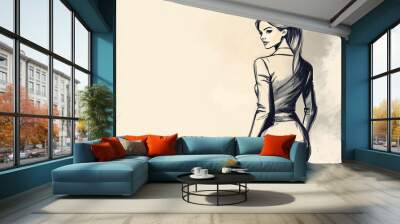 Elegant woman in a pencil skirt and jacket looks over her shoulder. Wall mural