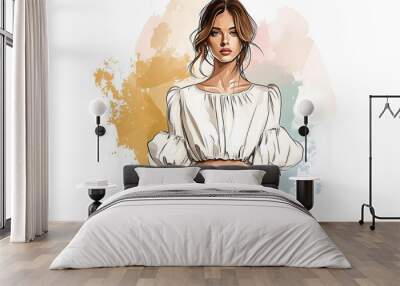 Fashion illustration of a beautiful woman in a white crop top and jeans. Wall mural