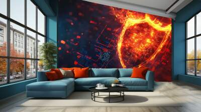 Fiery digital shield protecting data in a futuristic digital landscape. Wall mural