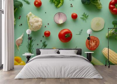 Flat lay of various colorful vegetables and herbs on a green background. Wall mural