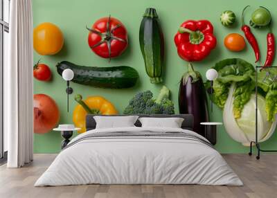 Flatlay of fresh vegetables on a green background. Wall mural