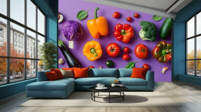 Fresh colorful vegetables on a purple background. Wall mural