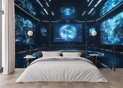 Futuristic control room with glowing screens displaying digital data. Wall mural