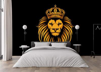 Golden lion with crown, black background. Wall mural