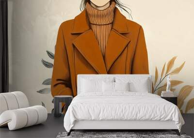 Illustrated woman wearing a brown coat and turtleneck sweater. Wall mural