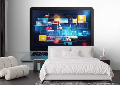 Laptop computer isolated on white background, displaying a screen with abstract digital data. Wall mural