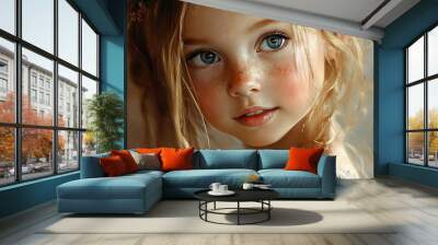 Portrait of a young girl with freckles and bright blue eyes. Wall mural