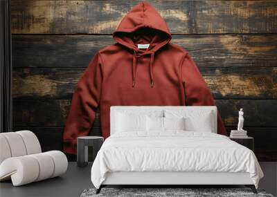 Red hoodie on rustic wooden background. Wall mural