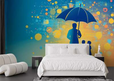 Silhouette of a father holding an umbrella over his two children. Wall mural