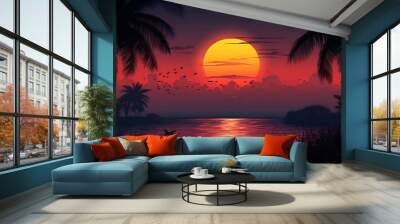 Silhouettes of palm trees on a tropical beach at sunset. The sun is setting over the ocean, creating a dramatic sky. Wall mural