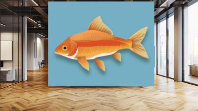 Single, orange goldfish with fins and scales, swimming against a blue background. Wall mural