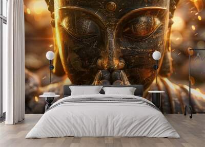 The image is a 3D rendering of a golden Buddha statue. Wall mural