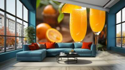 Two champagne glasses with orange juice and orange slices on the rim. There are also some oranges on the table. The background is blurry. Wall mural