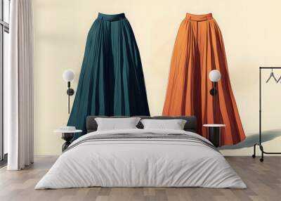 Two long pleated skirts, one teal and one orange, are displayed against a light beige background. Wall mural