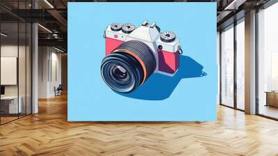 Vintage camera with lens on a blue background. Wall mural