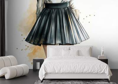 Watercolor illustration of a woman wearing a black pleated skirt and a white blouse. Wall mural