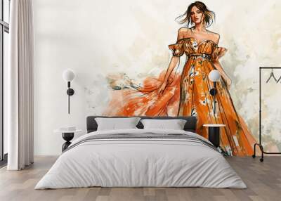 Woman in an orange floral dress with her hair flowing in the wind. Wall mural