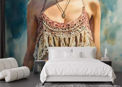 Woman in crochet top and denim shorts, watercolor painting. Wall mural