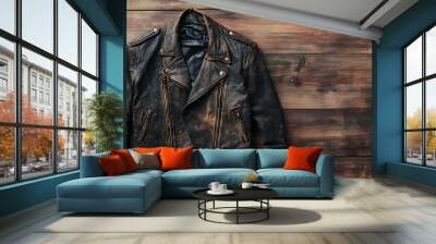 Worn leather jacket on a wood background. Wall mural