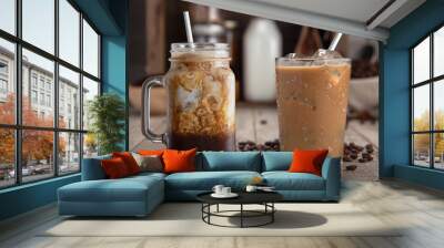 A pair of tasty homemade organic cold brew batch ice coffee drinks, mocha latte, with ingredients.  Wall mural