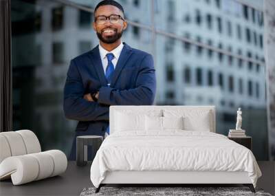 African american businessman portrait with copy space in urban city building, smiling with success, possible CEO, executive Wall mural