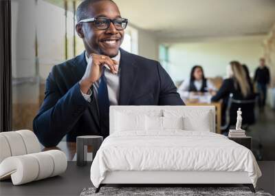 Attentive enthusiastic new hire career worker taking notes listening with nice smile Wall mural