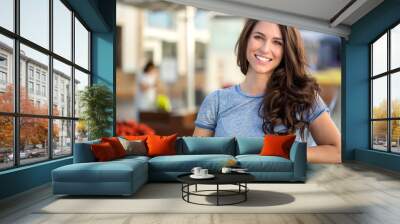 Big bright white smile headshot with a beautiful brunette woman sincere happy cheerful positive expression Wall mural