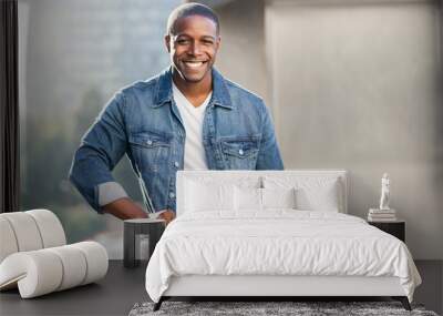 Casual lifestyle portrait of an african american male with perfect white teeth smile, commercial model Wall mural