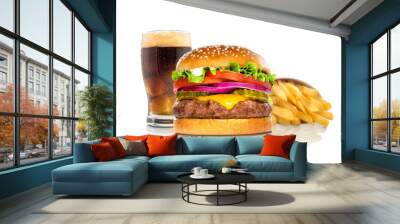 hamburger fries and a coke soda pop cheeseburger combination deluxe fast food on white Wall mural