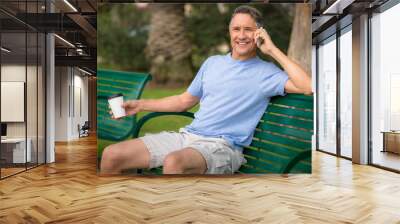 Portrait of a man with salt and pepper hair using his cell Wall mural