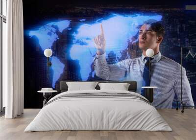 Businessman pressing virtual buttons in global business concept Wall mural