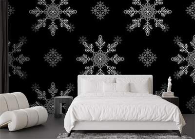 Christmas, new year seamless pattern, snowflakes line illustration. Vector icons of winter holidays, cold season snowfall. Celebration party black white repeated background. eps10 Wall mural