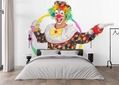 Clown with hula hoop isolated on white Wall mural