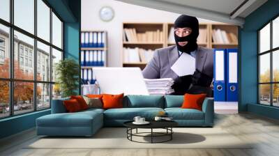 Criminal businessman wearing balaclava in office Wall mural