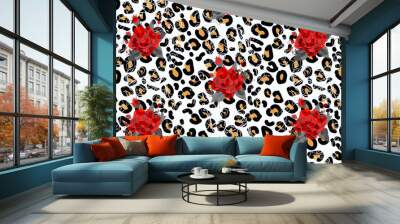 Floral animal seamless vector design print. Leopard texture and flower bouquets. Red rose, burgundy red peony, white anemone, succulent, exotic orchid, fuchsia, dahlia.Trendy fashion stylish pattern.  Wall mural