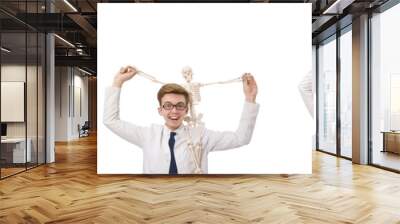 Funny doctor with skeleton isolated on white Wall mural