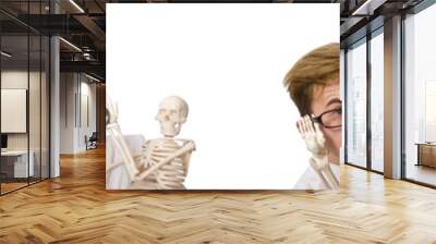 Funny doctor with skeleton isolated on white Wall mural