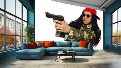 Funny guy with gun isolated on white Wall mural