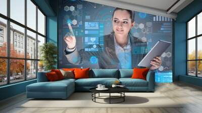 Futuristic media sharing concept with woman Wall mural