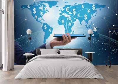 Global money transfer and exchange concept with businessman Wall mural