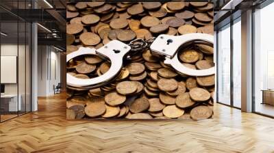 Hand cuffs and coins as security concept Wall mural