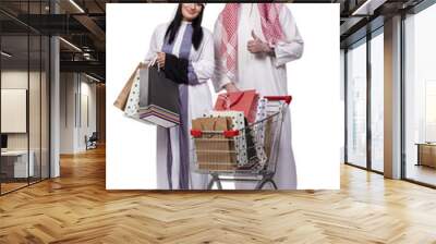 Happy arabic family after shopping isolated on white Wall mural